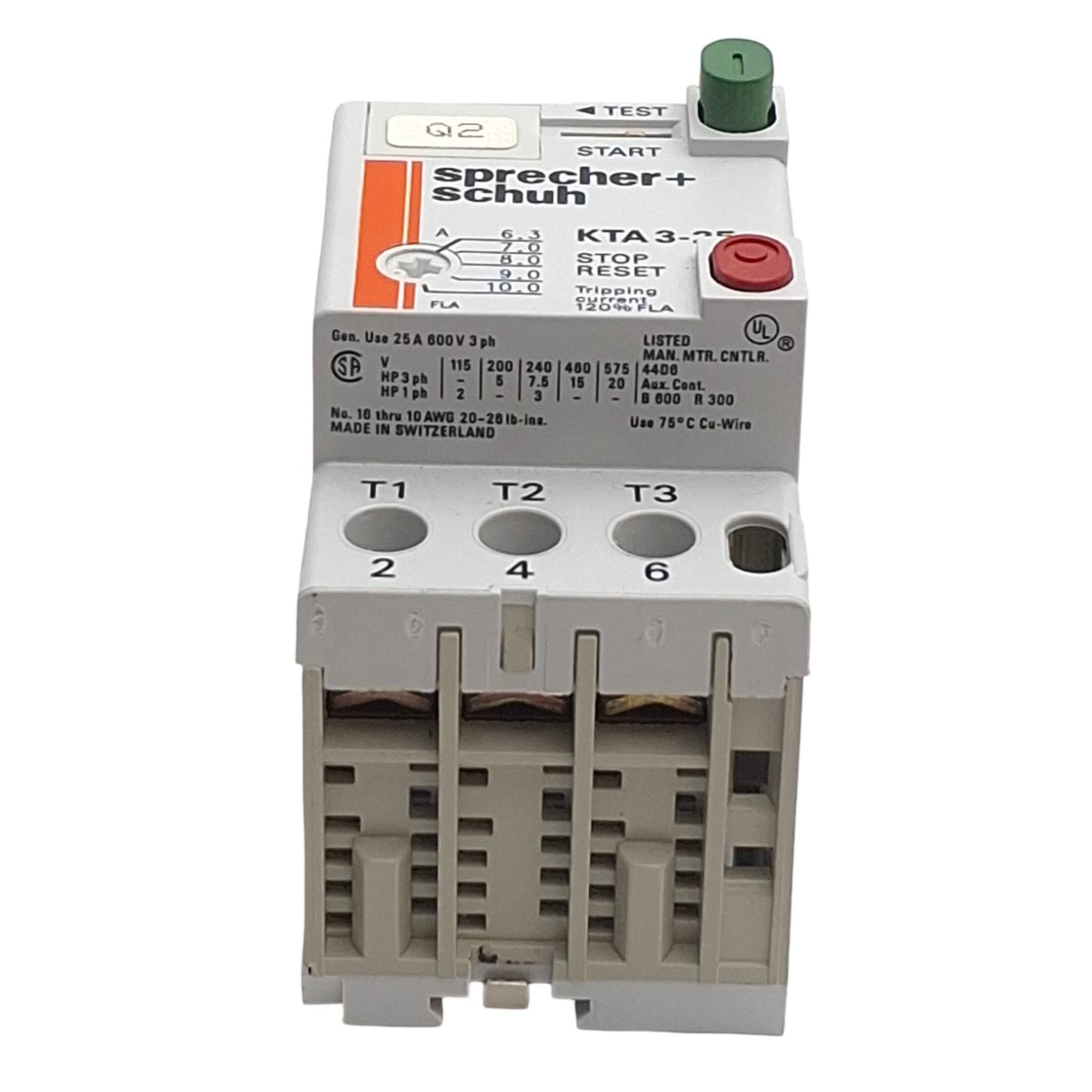 Used Sprecher+Schuh KTA3-25-10A Circuit Breaker 3-Poles, 600V, 6.3A to 10A