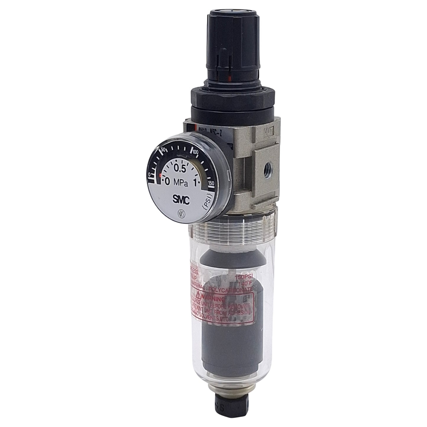 Used SMC AW10-M5C-Z Pneumatic Filter Regulator, 7-100psi Set, 145psi Max, 5µm, M5x0.8