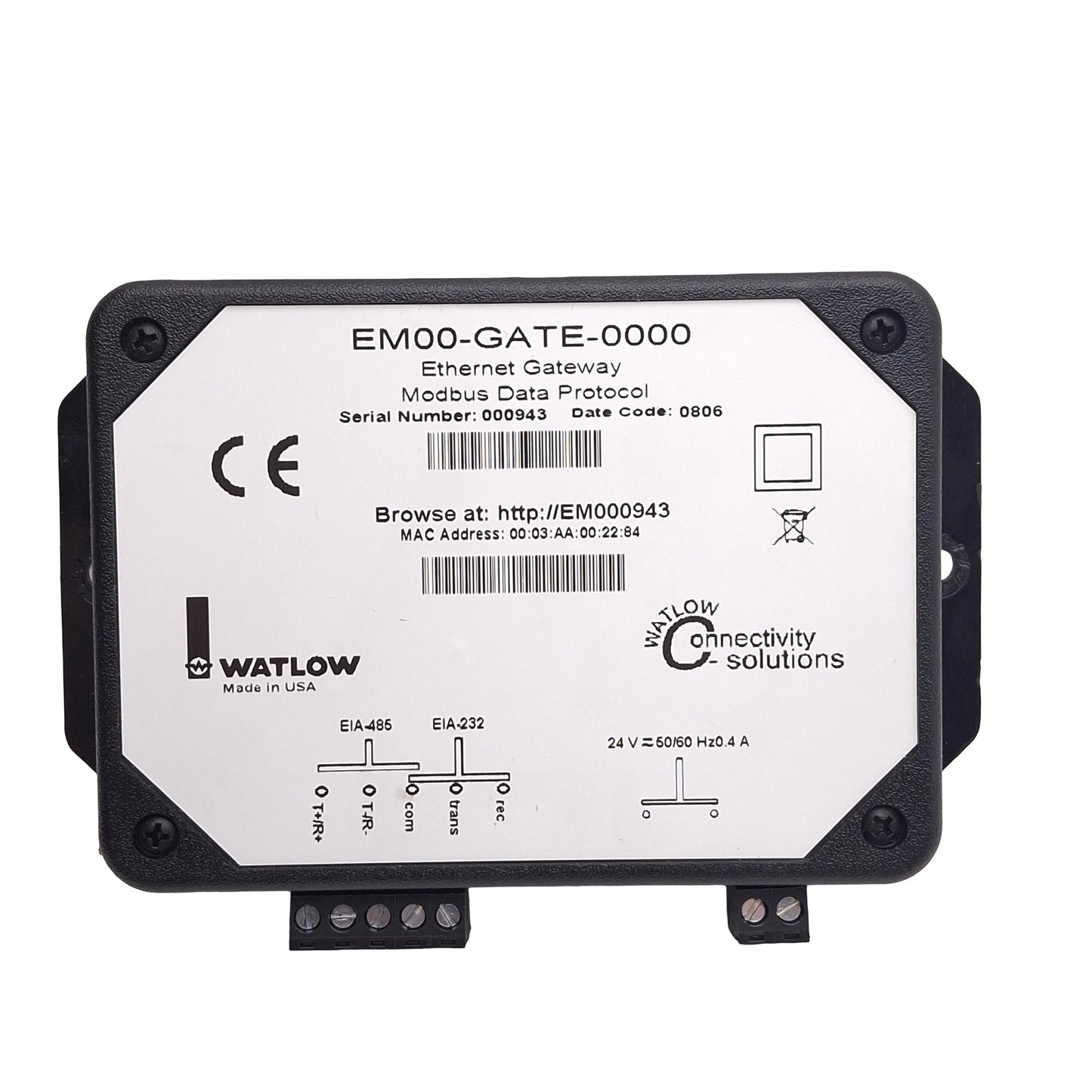 Used Watlow EM00-GATE-0000 Ethernet Gateway, Modbus, EIA-232/485, RJ45, 24VAC/DC