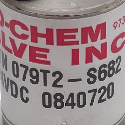 Used Bio-Chem Valve 079T2-S682 Isolation Valve, 1/4"-28UNF, 19µl, 20psi, 24VDC Coil