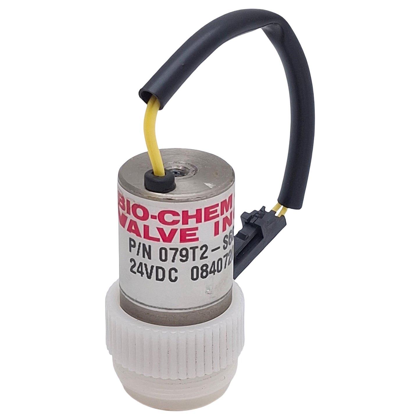Used Bio-Chem Valve 079T2-S682 Isolation Valve, 1/4"-28UNF, 19µl, 20psi, 24VDC Coil