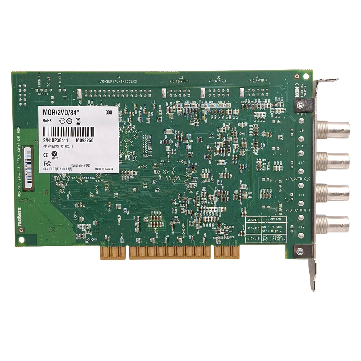 Used Matrox MOR/2VD/84* Morphis Frame Grabber Card, PCI, 4x BNC, 3x 10-Pin, 30-Pin