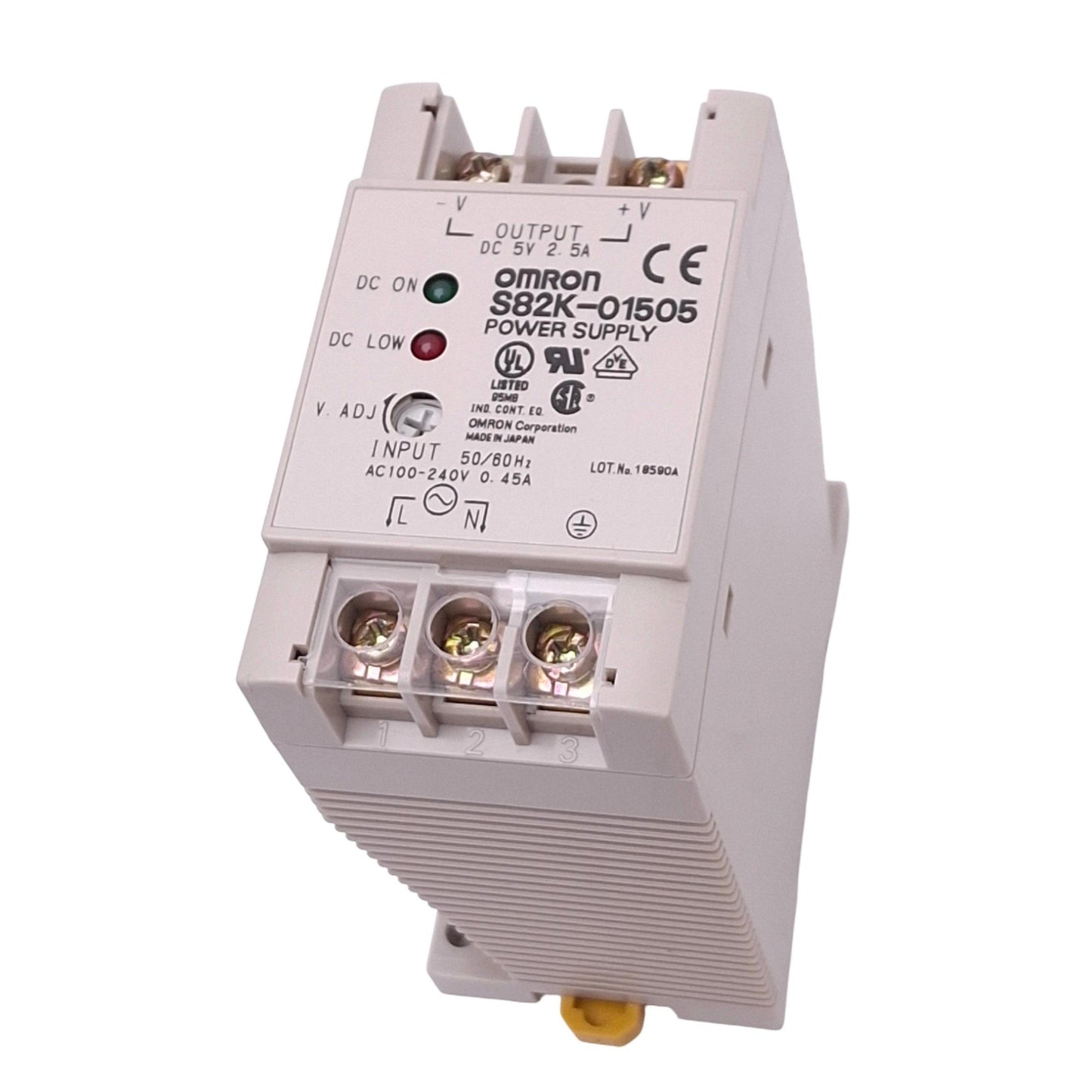 Used Omron S82K-01505 Power Supply, 100-240VAC In, 5VDC 2.5A Out, 15W Max