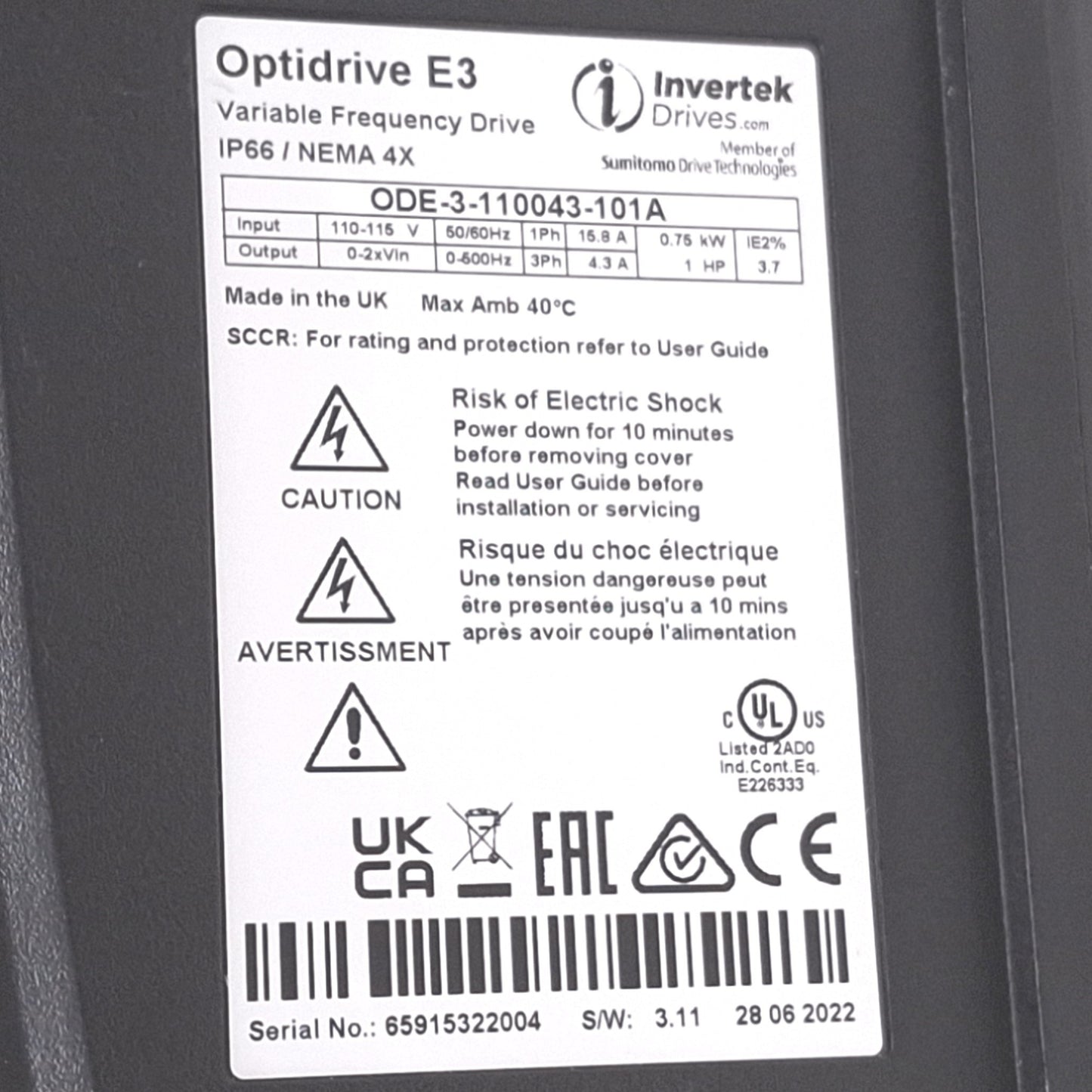 Used Invertek ODE-3-110043-101A Optidrive E3 VFD, 3ph 0-230VAC 0-500Hz, 0.75kW Max