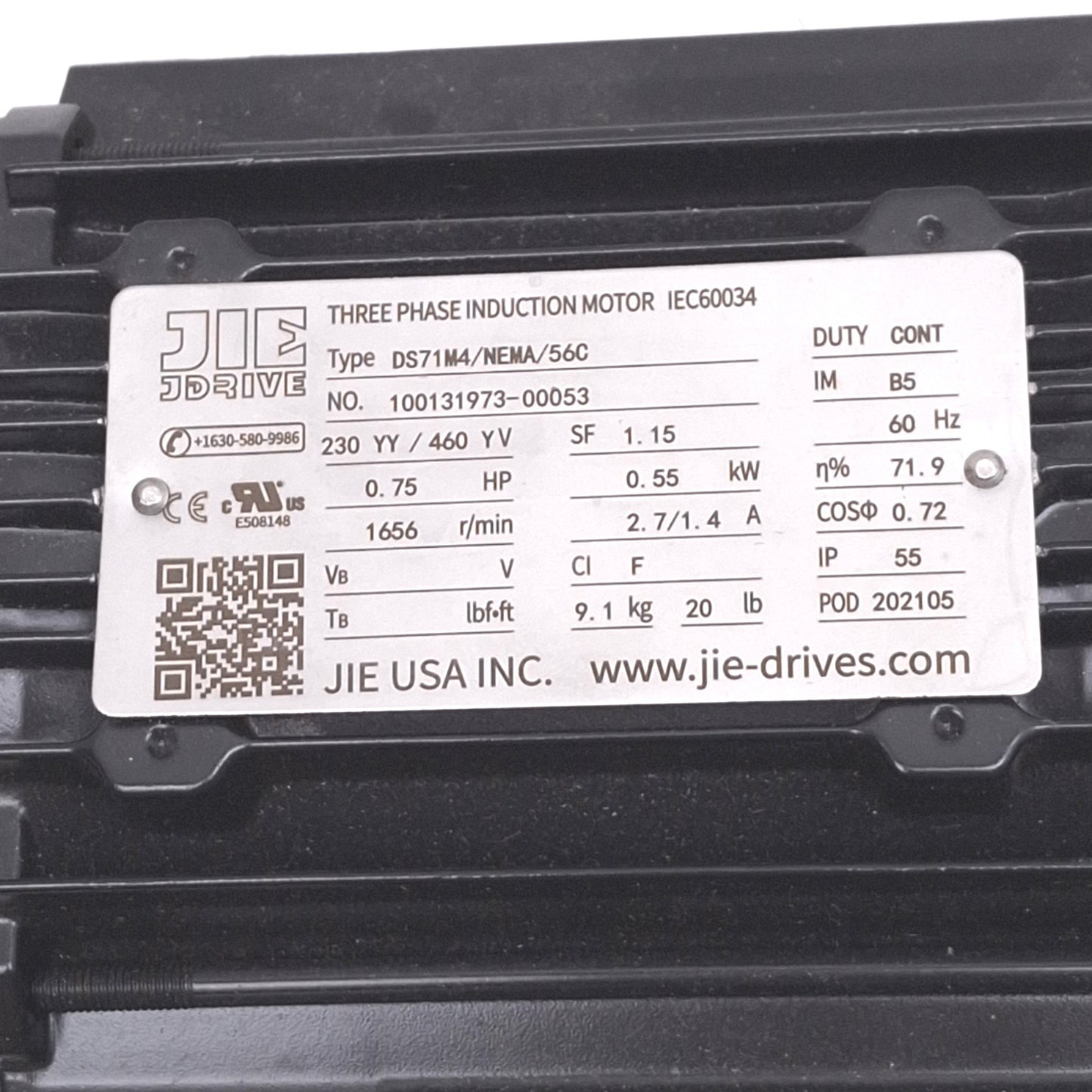 Used JIE DS71M4/NEMA/56C Induction Motor, 3-Phase 230/460VAC, 1656rpm 0.75hp Max