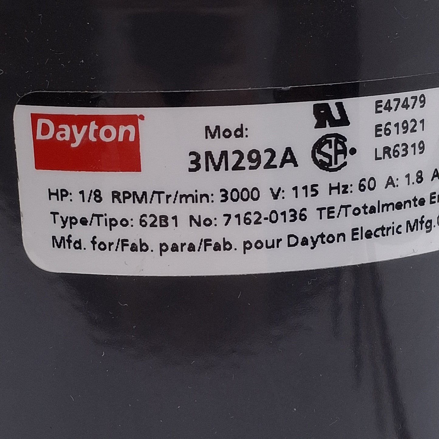 Used Dayton 3M292A HVAC Electric Motor 3.3 Frame, 1/8HP, 3000RPM Speed, 115VAC 1.8A