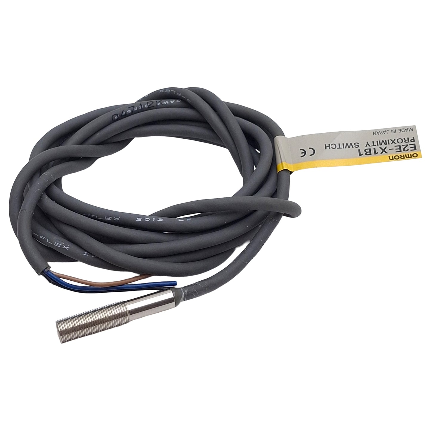 Used Omron E2E-X1B1 Proximity Sensor, PNP NO, 1mm Range, 12-24VDC, M5 Barrel, 1.5m