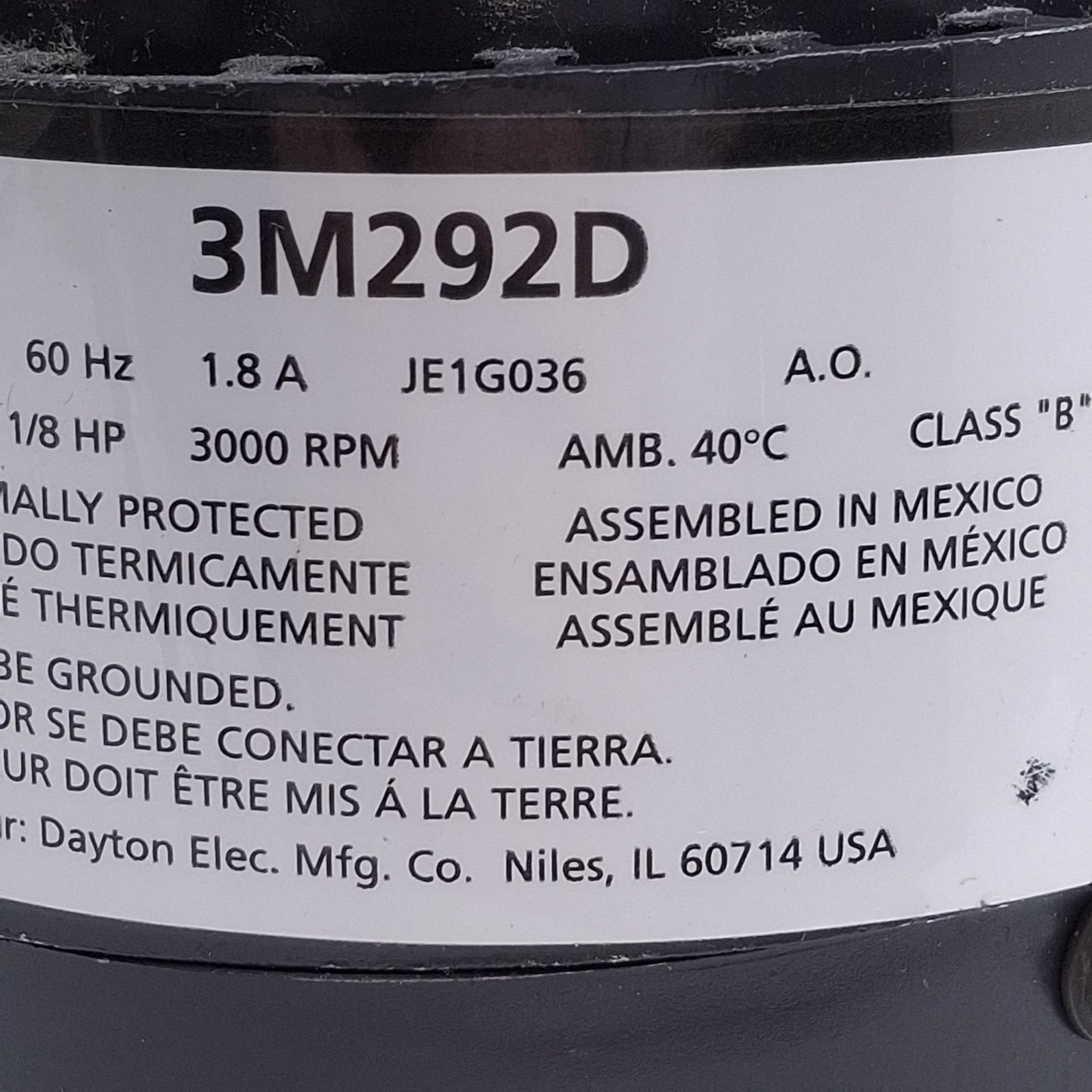 Used Dayton 3M292D HVAC Electric Motor 3.3 Frame, 1/8HP, 3000RPM Speed, 115VAC 1.8A