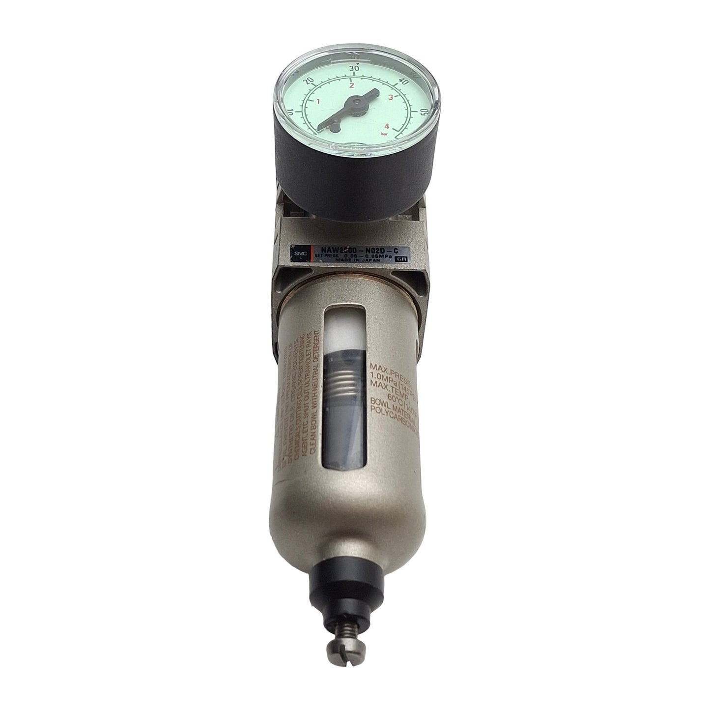 Used SMC NAW2000-N02D-C Filter Regulator With Gauge, 0.05-0.85MPa Set Pres, 1/8in NPT