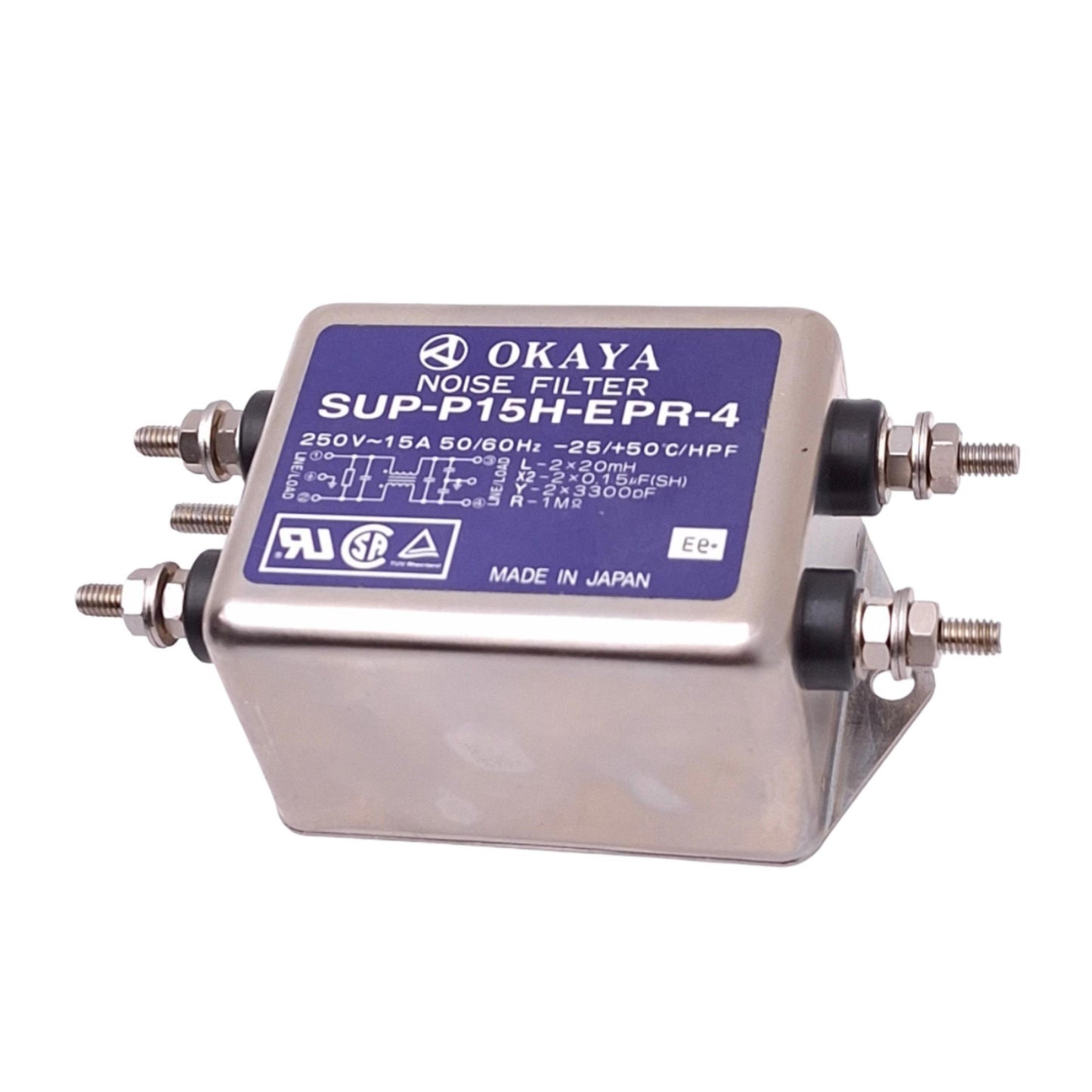 Used Okaya SUP-P15H-EPR-4 Powerline Noise Filter, 250VAC 15A, 20-30dB 10000Hz