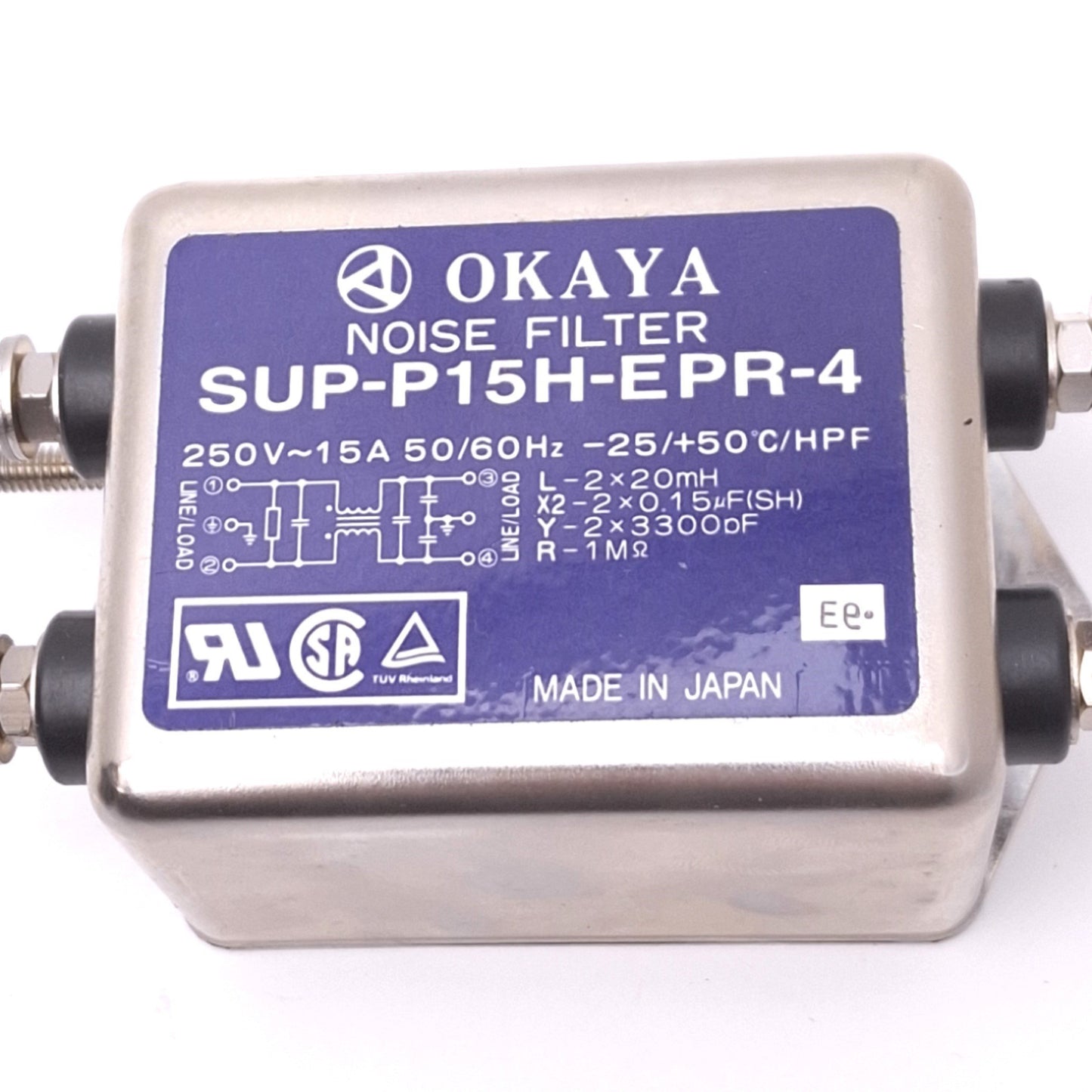 Used Okaya SUP-P15H-EPR-4 Powerline Noise Filter, 250VAC 15A, 20-30dB 10000Hz