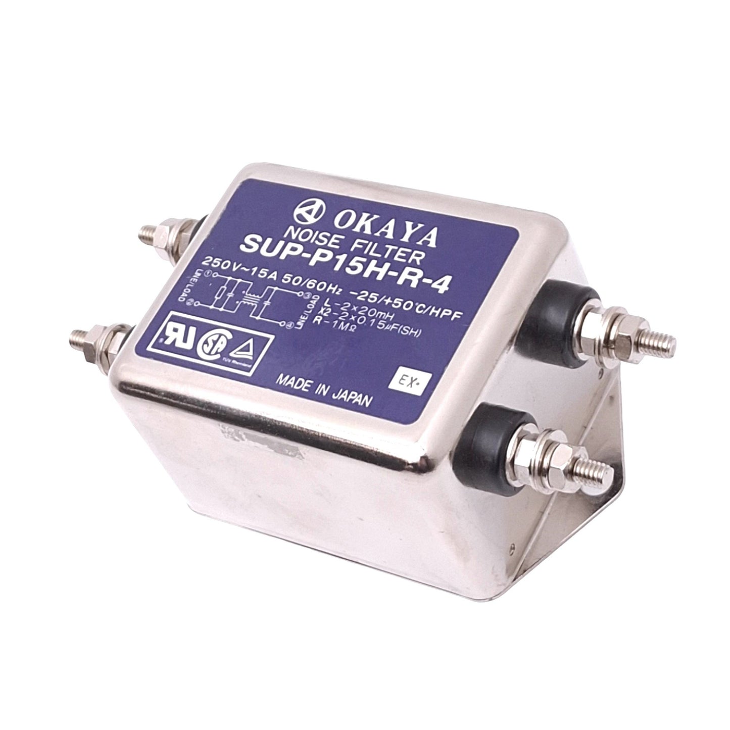 Used Okaya SUP-P15H-R-4 Powerline Noise Filter, 250VAC 15A, 20-30dB 10000Hz