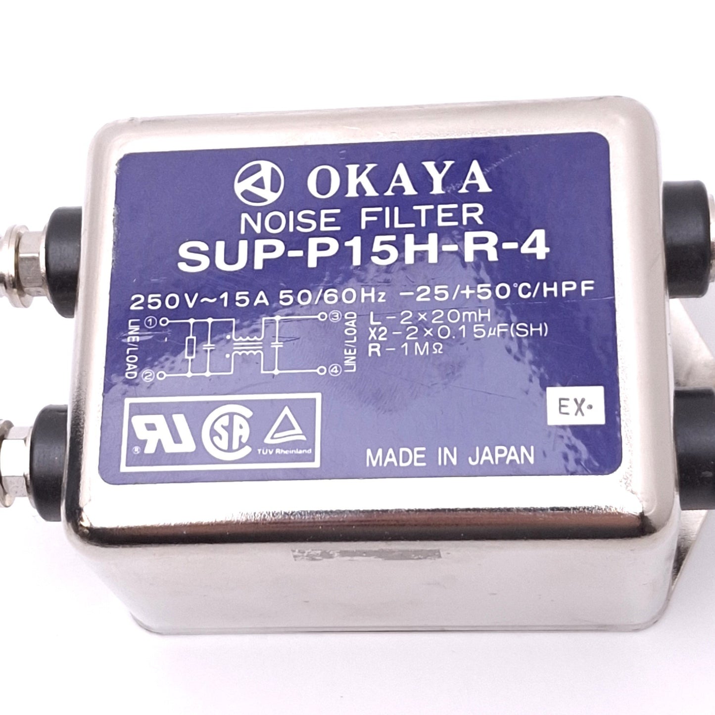Used Okaya SUP-P15H-R-4 Powerline Noise Filter, 250VAC 15A, 20-30dB 10000Hz