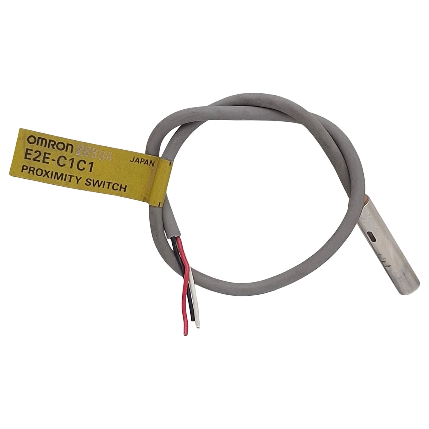 Used Omron E2E-C1C1 Proximity Sensor, NPN NO, 1mm Range, 12-24VDC, ø5.4mm, 0.2m