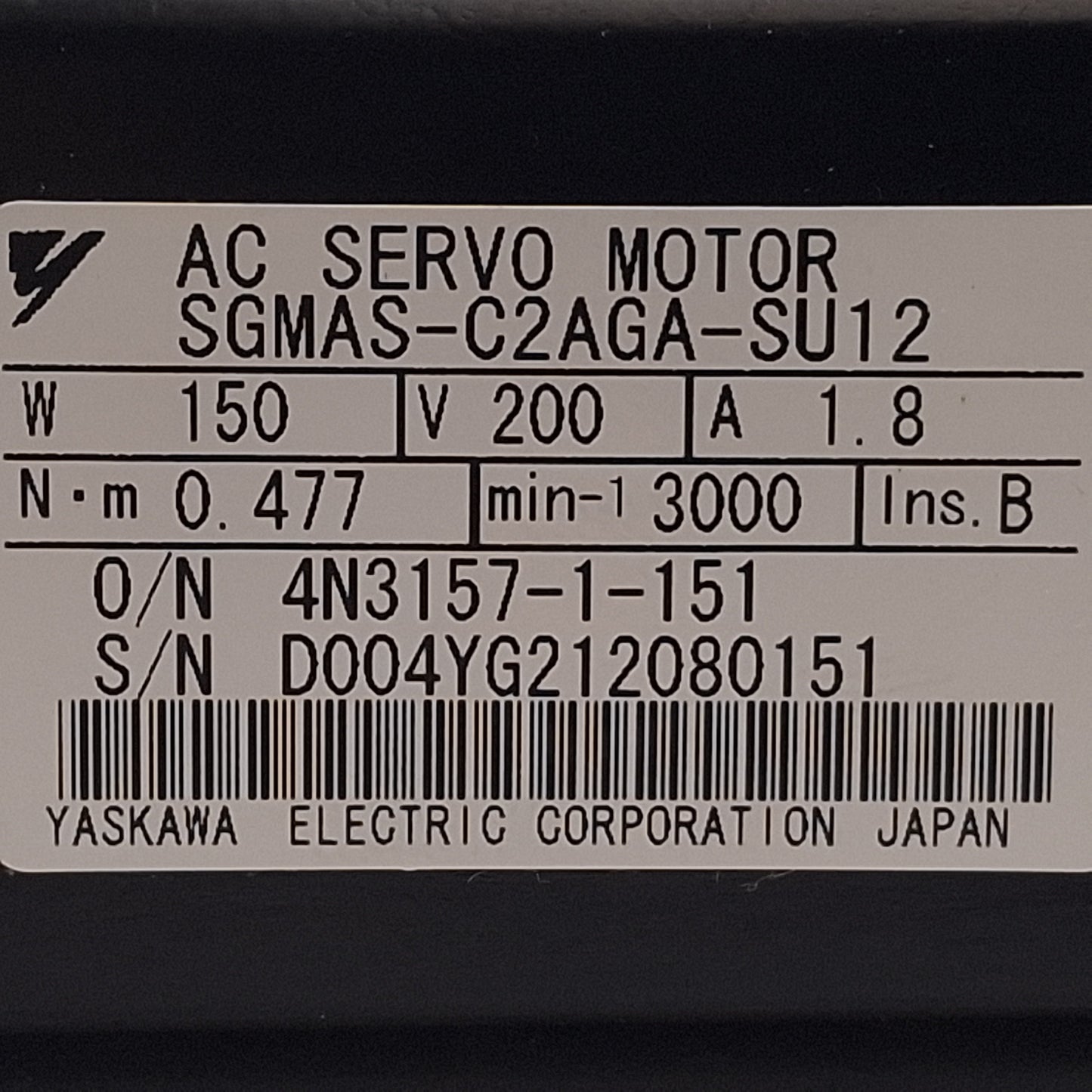 Used Yaskawa SGMAS-C2AGA-SU12 Sigma II AC Servo Motor, 150W, 3000rpm, 0.477Nm, 200VAC