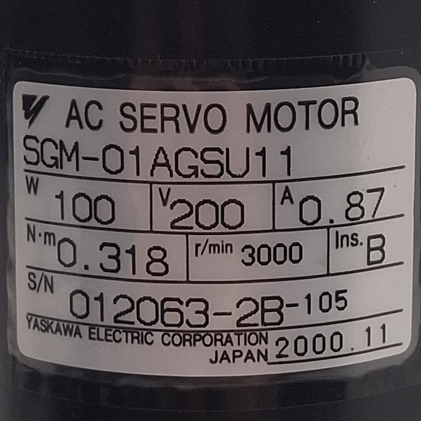 Used Yaskawa SGM-01AGSU11 Sigma AC Servo Motor, 100W, 3000rpm, 0.318Nm, 200VAC, 40mm
