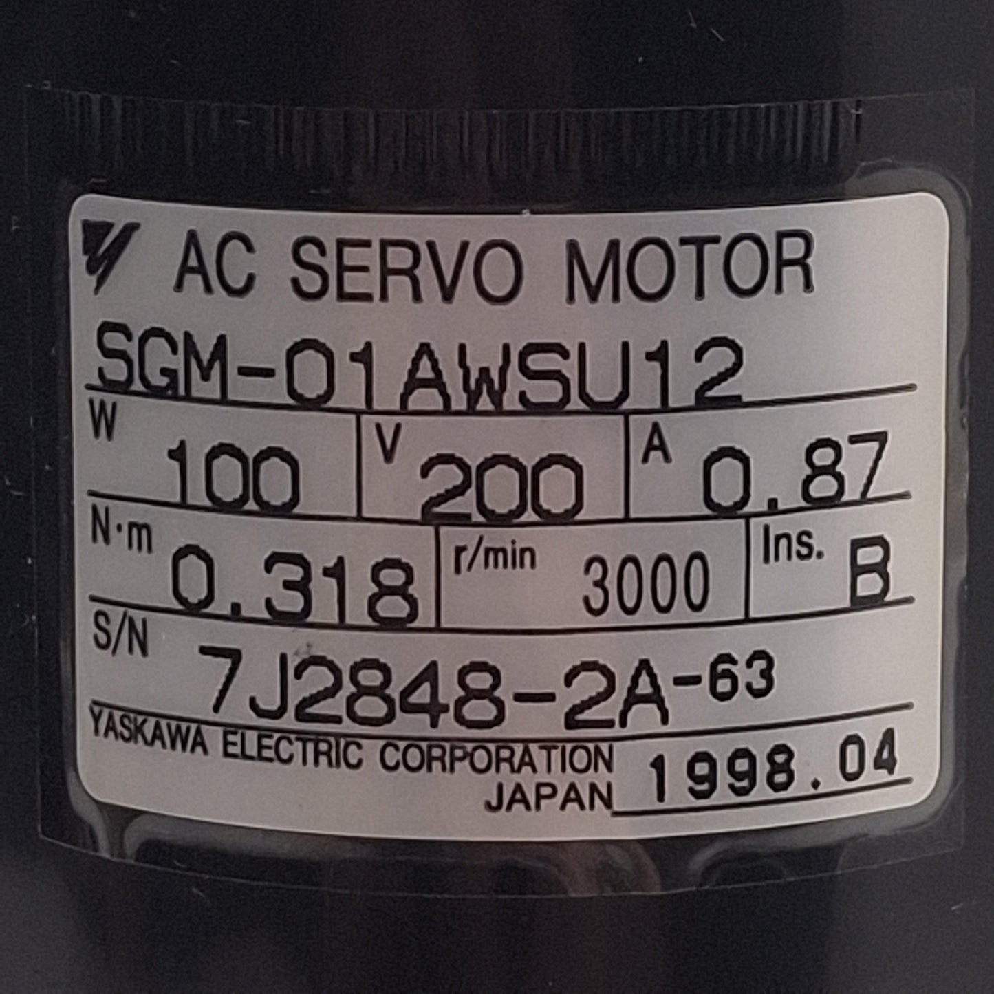 Used Yaskawa SGM-01AWSU12 Sigma AC Servo Motor, 100W, 3000rpm, 0.318Nm, 200VAC, 40mm