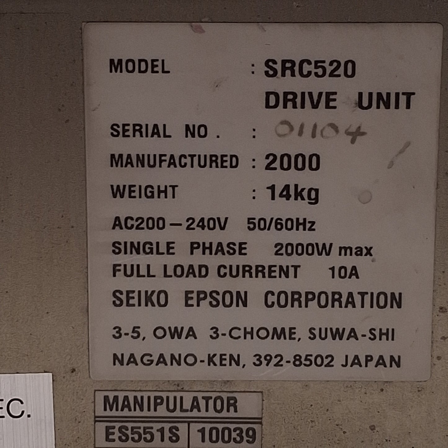 Used Epson SRC520 Robot Drive Unit 200-240VAC 10A, 16 Controllable Axes, 2MB Memory