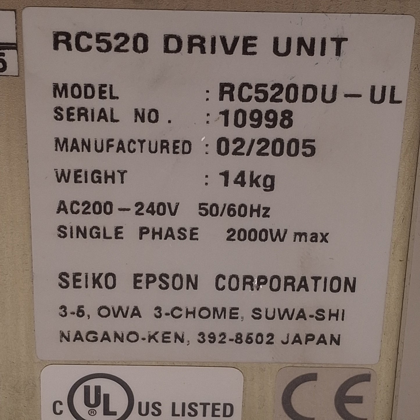 Used Epson RC520DU-UL Robot Drive Unit 200-240VAC 10A, 4 Controllable Axes, PNP