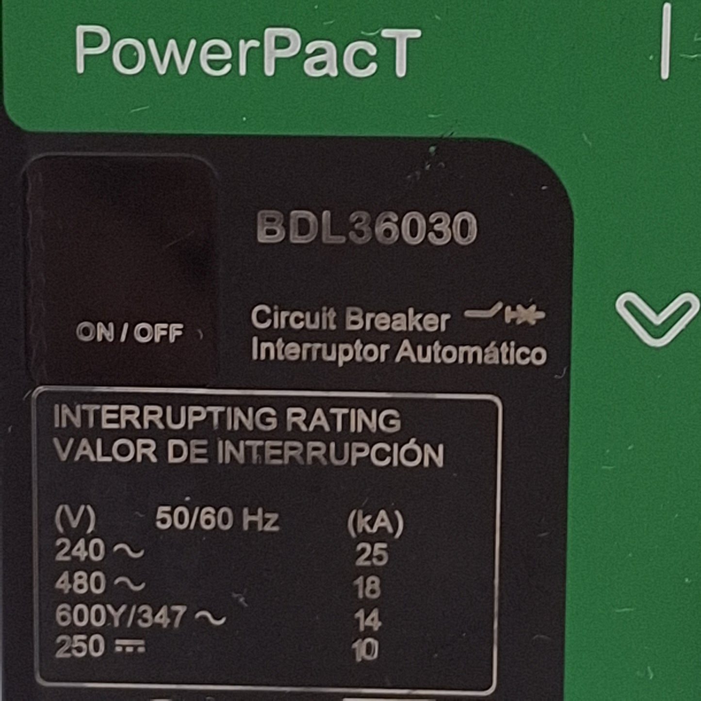 Used Square D BDL36030 PowerPacT Circuit Breaker, 3-Pole, 30A, 600Y/347VAC, DIN Rail