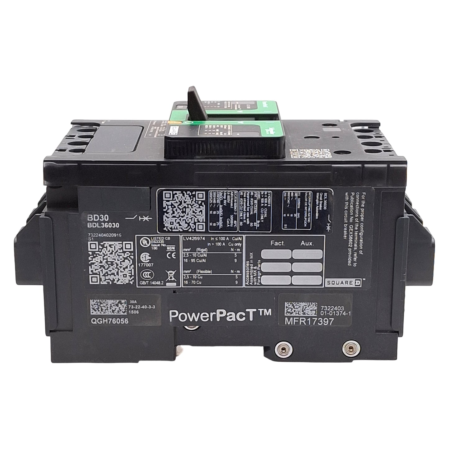 Used Square D BDL36030 PowerPacT Circuit Breaker, 3-Pole, 30A, 600Y/347VAC, DIN Rail