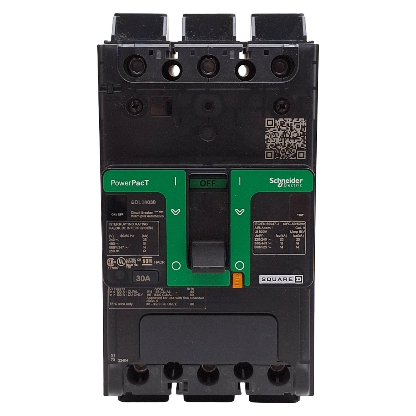 Used Square D BDL36030 PowerPacT Circuit Breaker, 3-Pole, 30A, 600Y/347VAC, DIN Rail