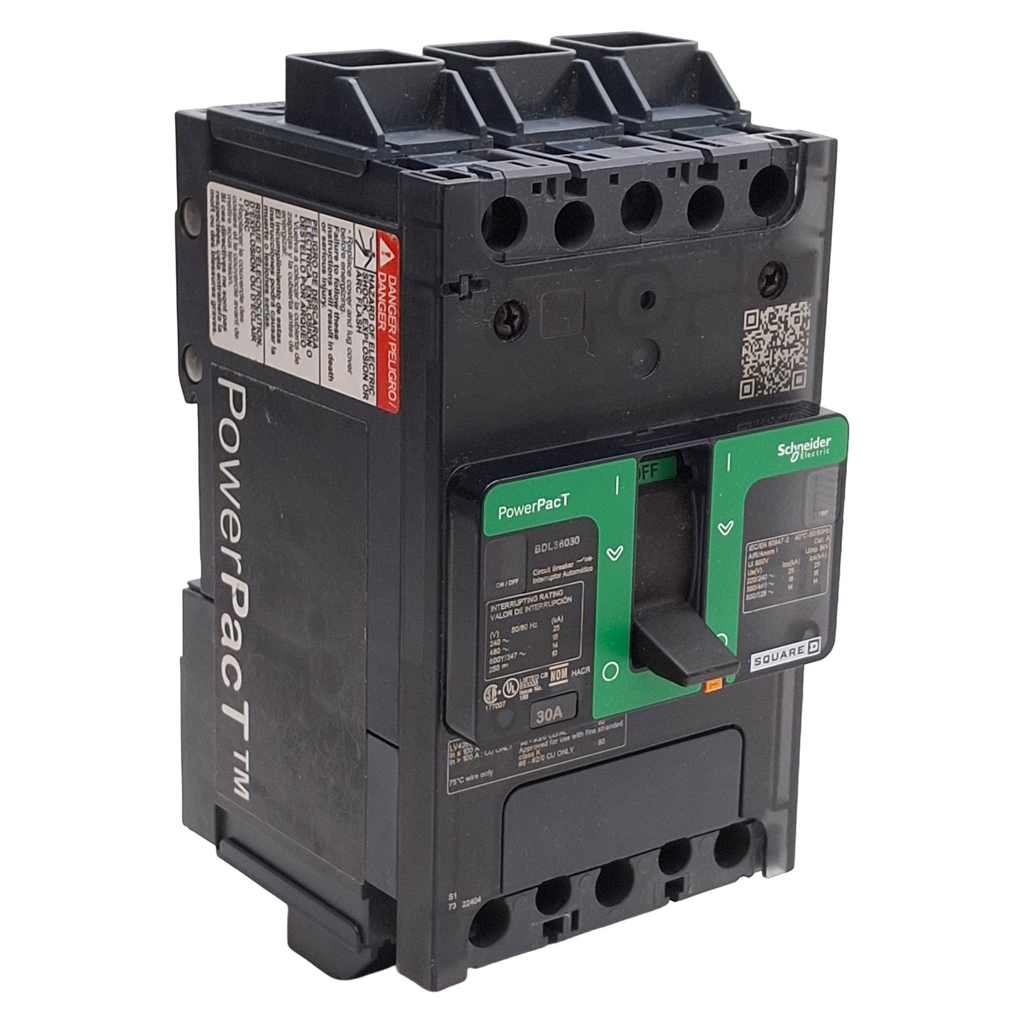 Used Square D BDL36030 PowerPacT Circuit Breaker, 3-Pole, 30A, 600Y/347VAC, DIN Rail
