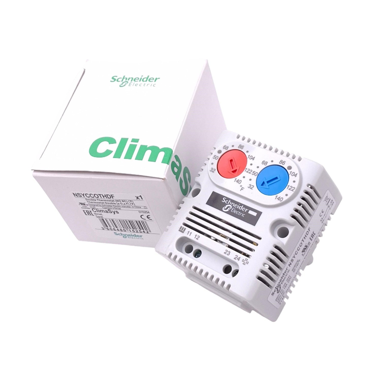 New Schneider Electric NSYCCOTHDF ClimaSys CC Double Thermostat, 1NO 1NC, 250VAC