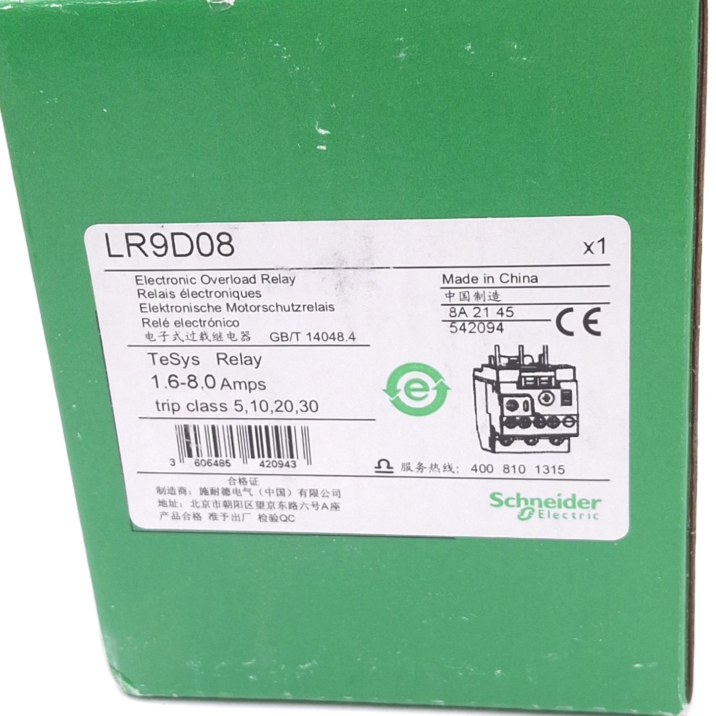 New Schneider Electric LR9D08 TeSys Thermal Overload Relay, 3-Pole 1.6-8A, 600V Max