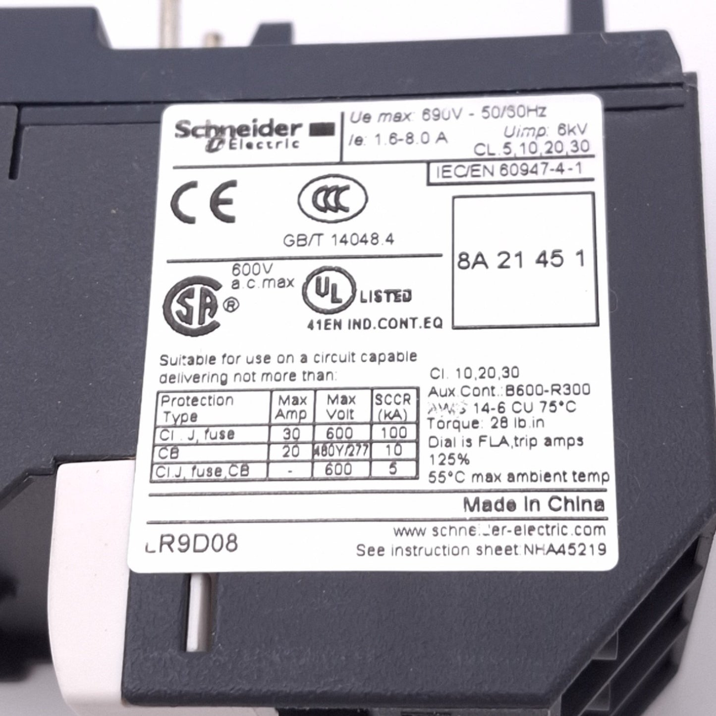 New Schneider Electric LR9D08 TeSys Thermal Overload Relay, 3-Pole 1.6-8A, 600V Max