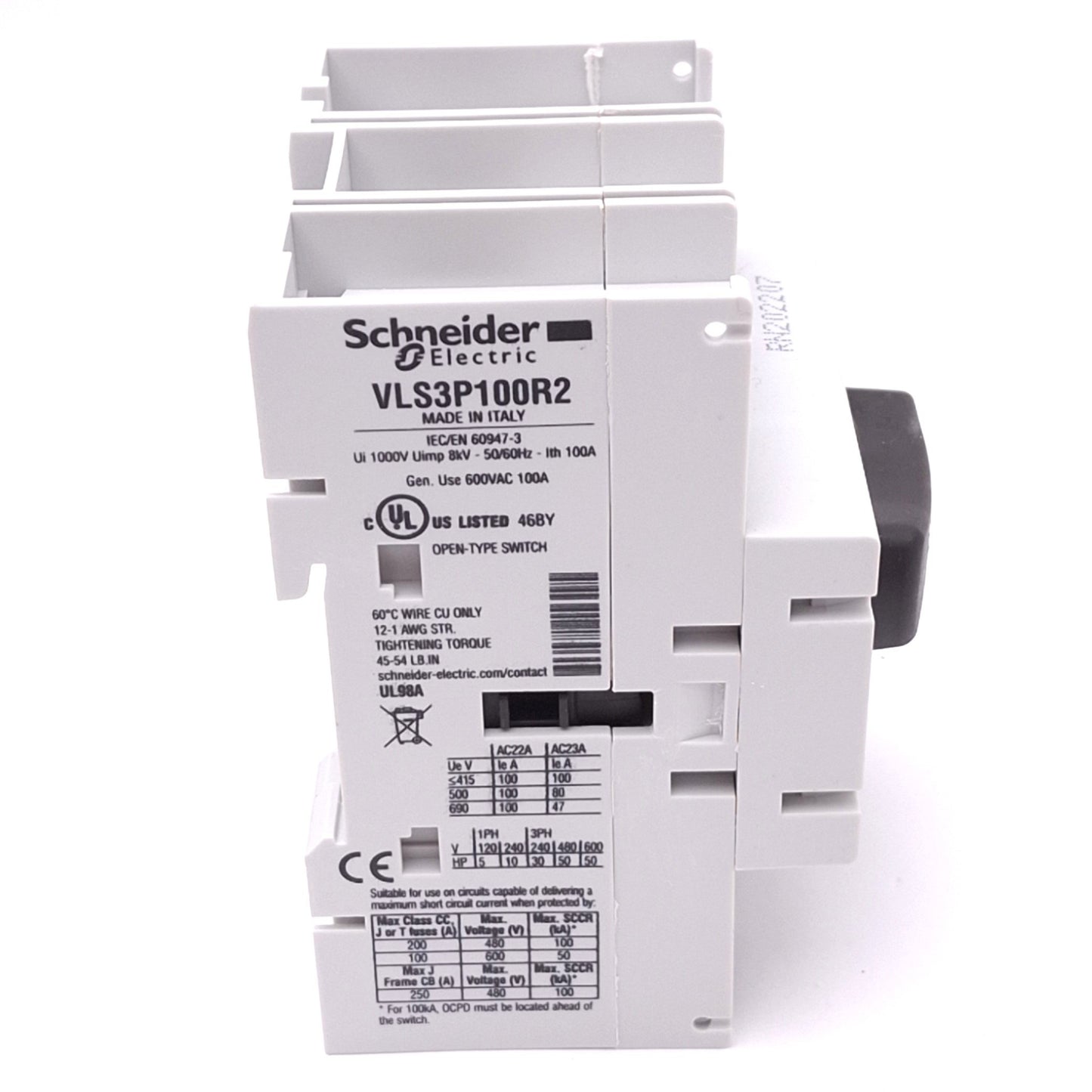 New Schneider Electric VLS3P100R2 TeSys Disconnect Switch, 3-Pole 100A, 50hp 480VAC