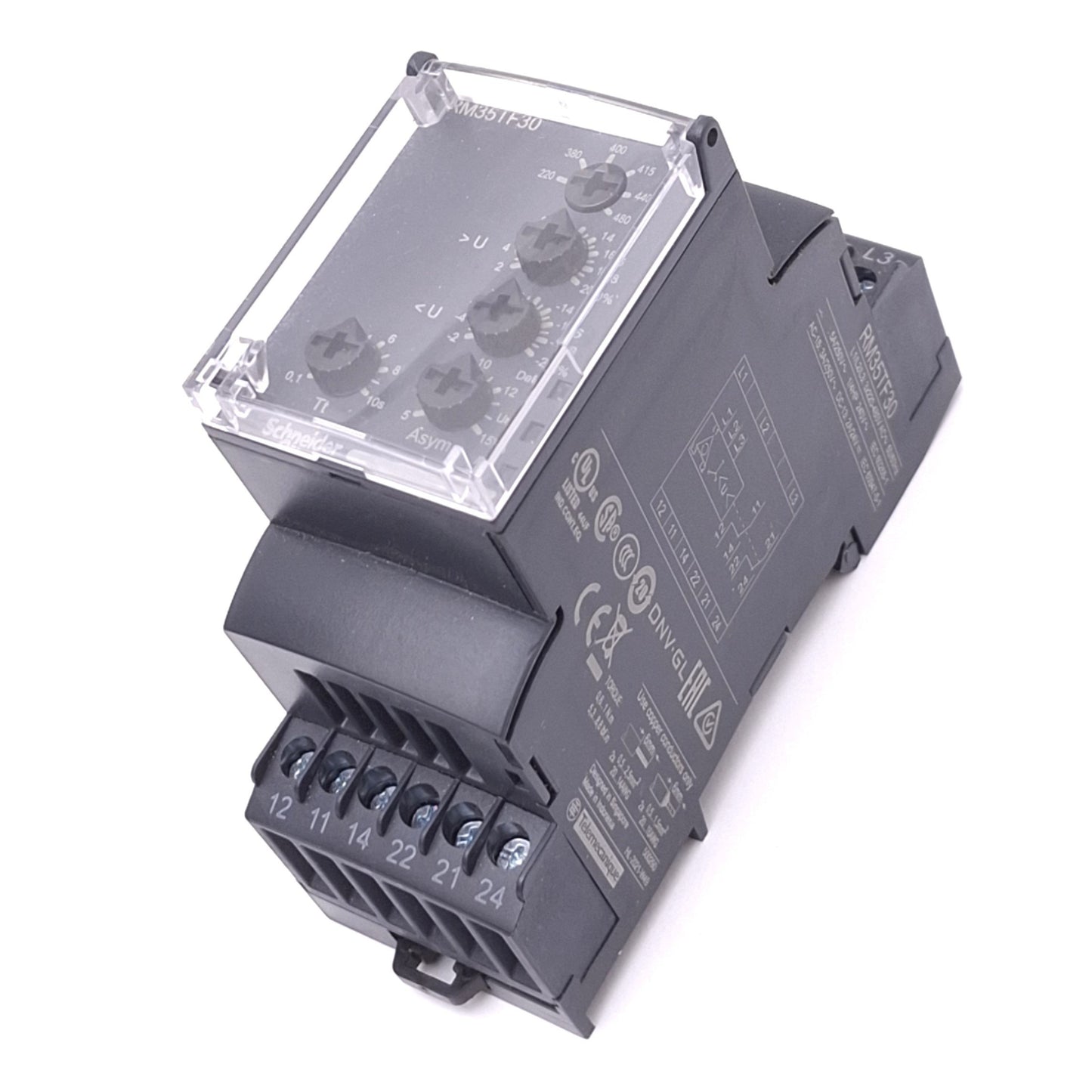Used Schneider Electric RM35TF30 Monitoring Relay, 220-480VAC, DPDT 5A Max, DIN Rail