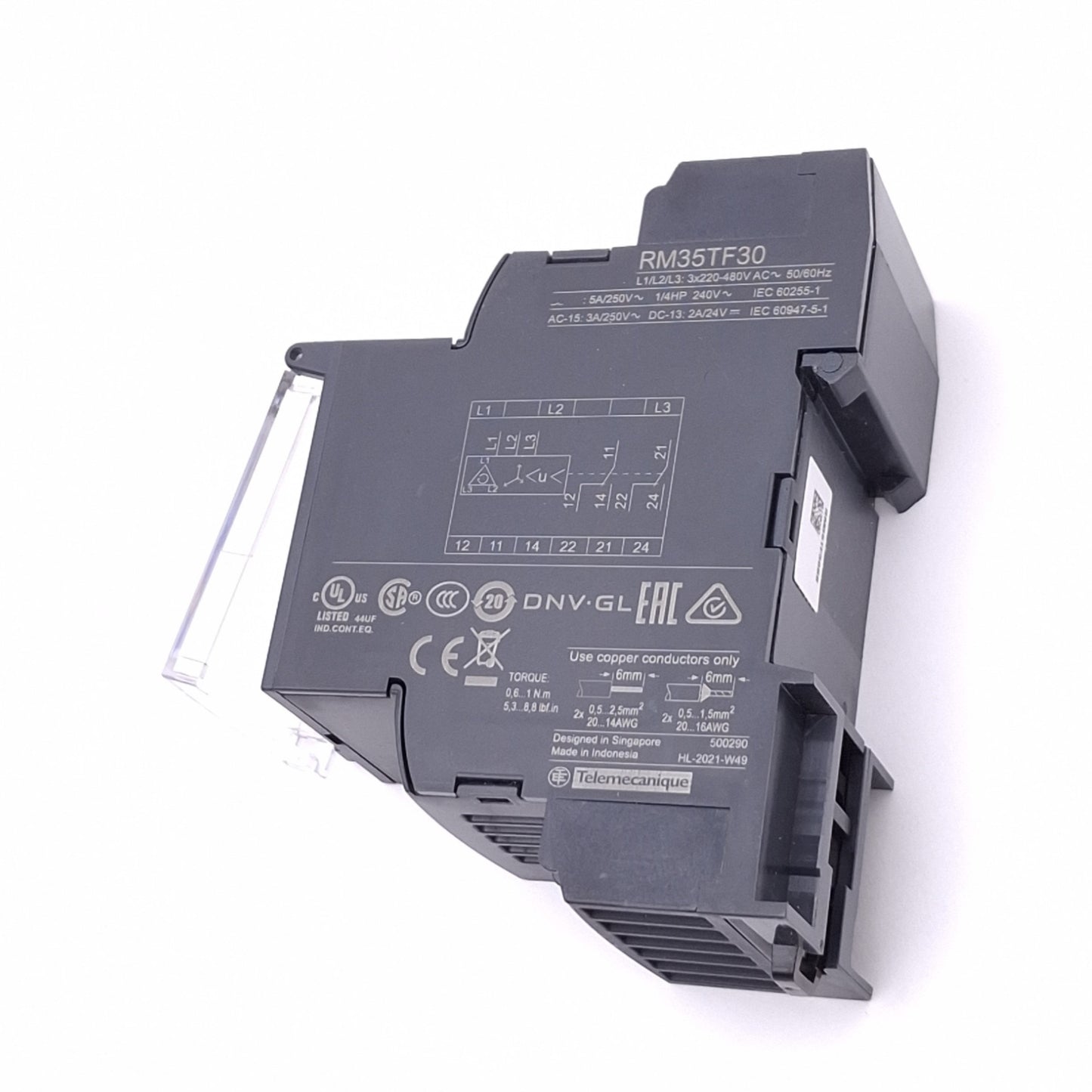 Used Schneider Electric RM35TF30 Monitoring Relay, 220-480VAC, DPDT 5A Max, DIN Rail