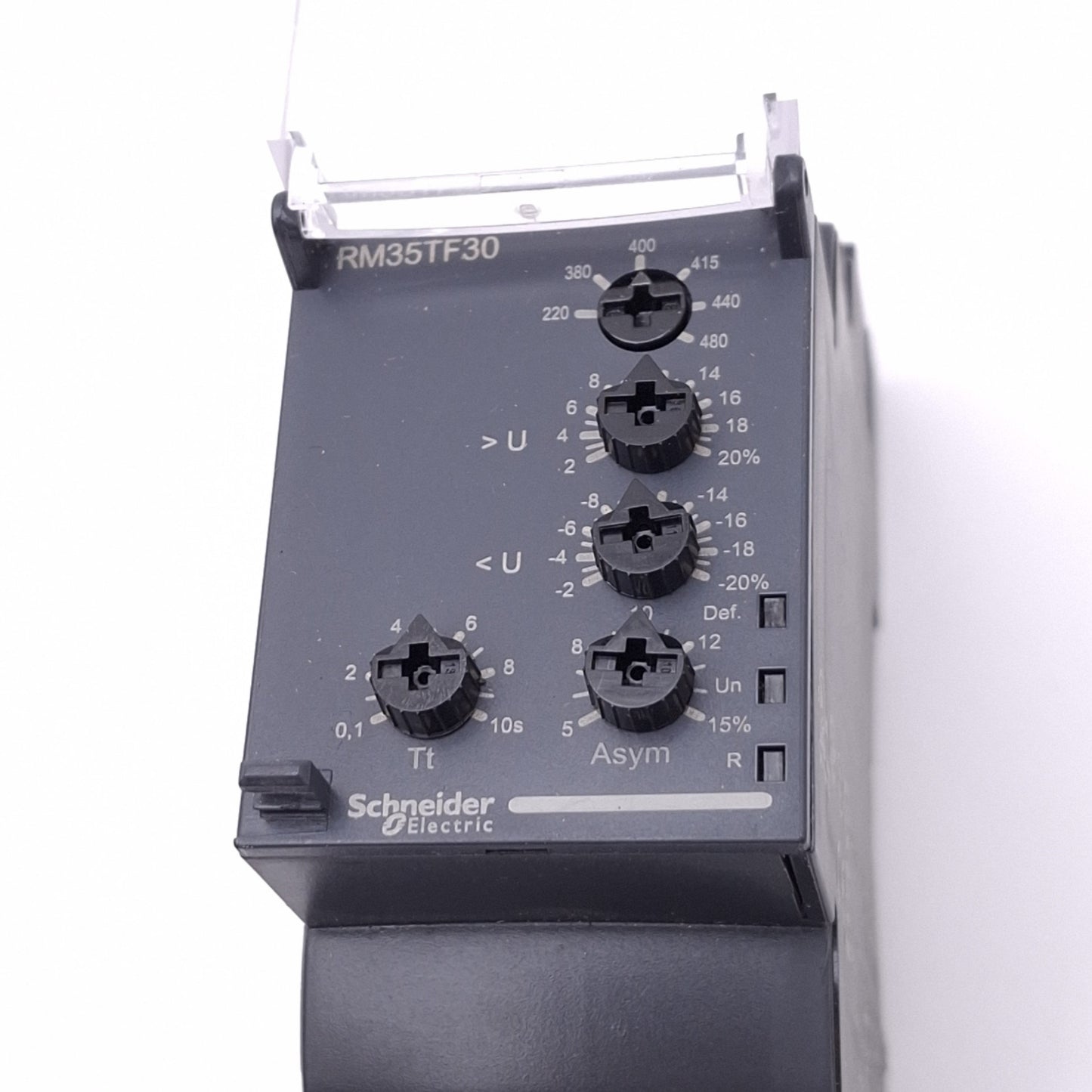 Used Schneider Electric RM35TF30 Monitoring Relay, 220-480VAC, DPDT 5A Max, DIN Rail