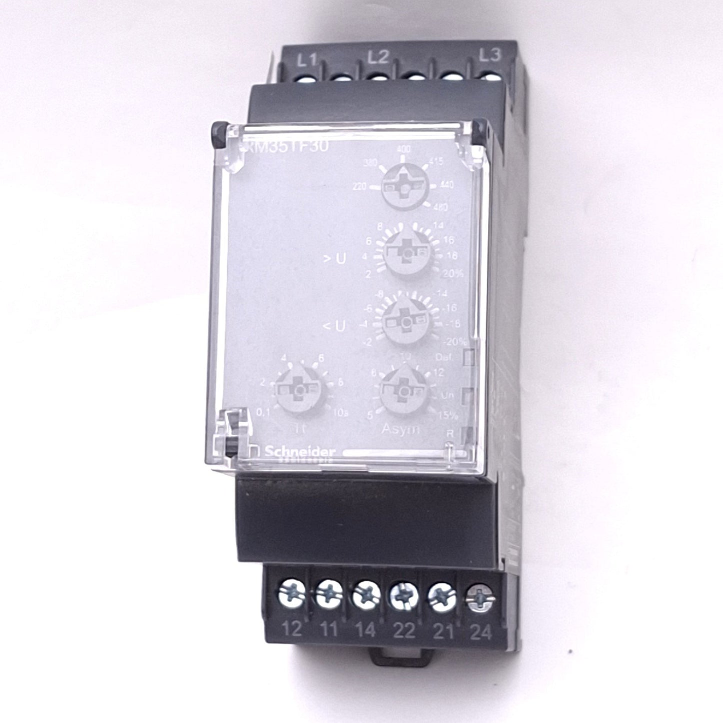 Used Schneider Electric RM35TF30 Monitoring Relay, 220-480VAC, DPDT 5A Max, DIN Rail