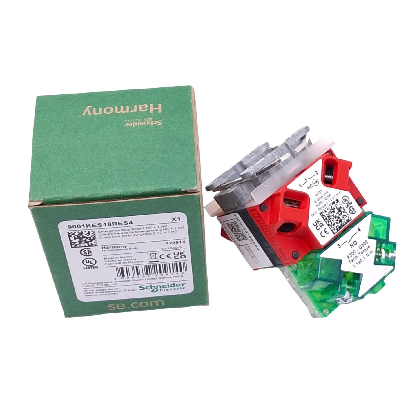 New Schneider Electric 9001KES18RES4, Harmony Body for 30mm E-Stop Switch, 2NC 1NO