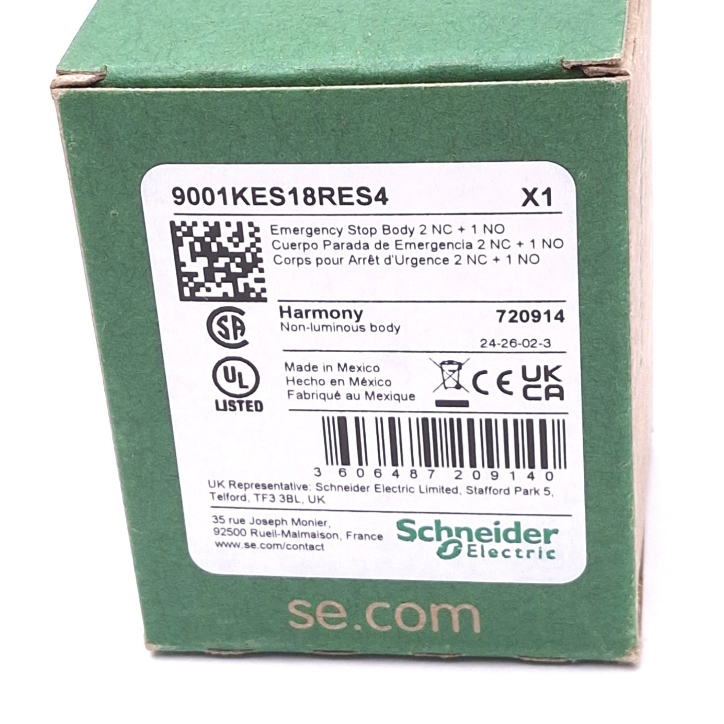 New Schneider Electric 9001KES18RES4, Harmony Body for 30mm E-Stop Switch, 2NC 1NO