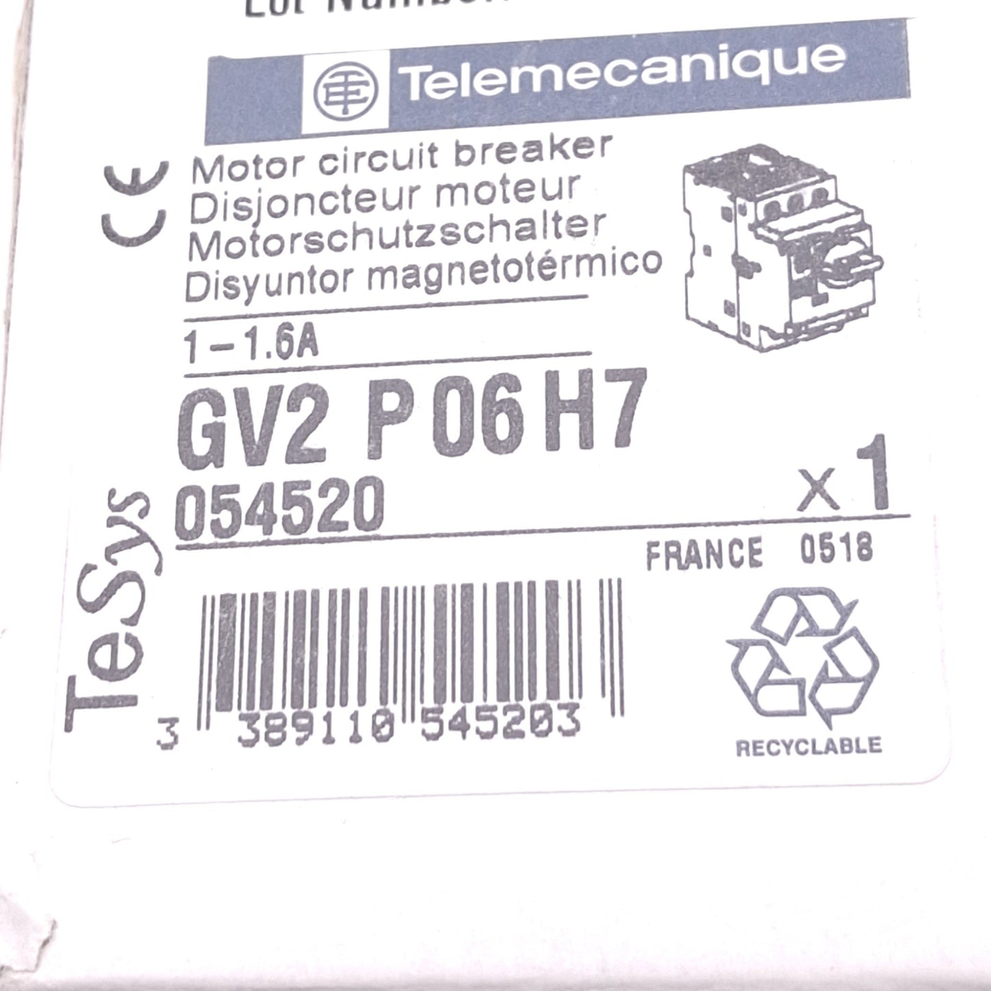 New Telemecanique GV2-P06H7 Motor Circuit Breaker, 3-Pole 1-1.6A, 0.55kW 400VAC Max