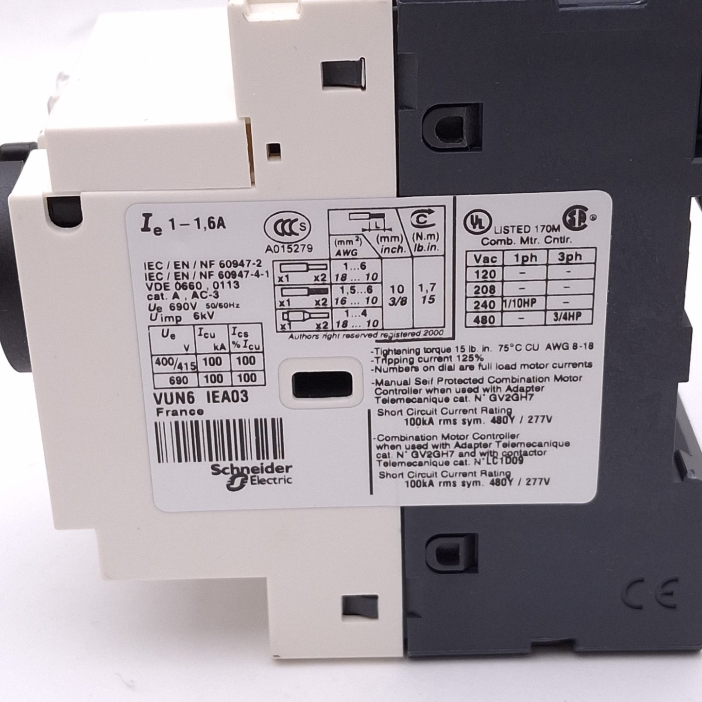 New Telemecanique GV2-P06H7 Motor Circuit Breaker, 3-Pole 1-1.6A, 0.55kW 400VAC Max