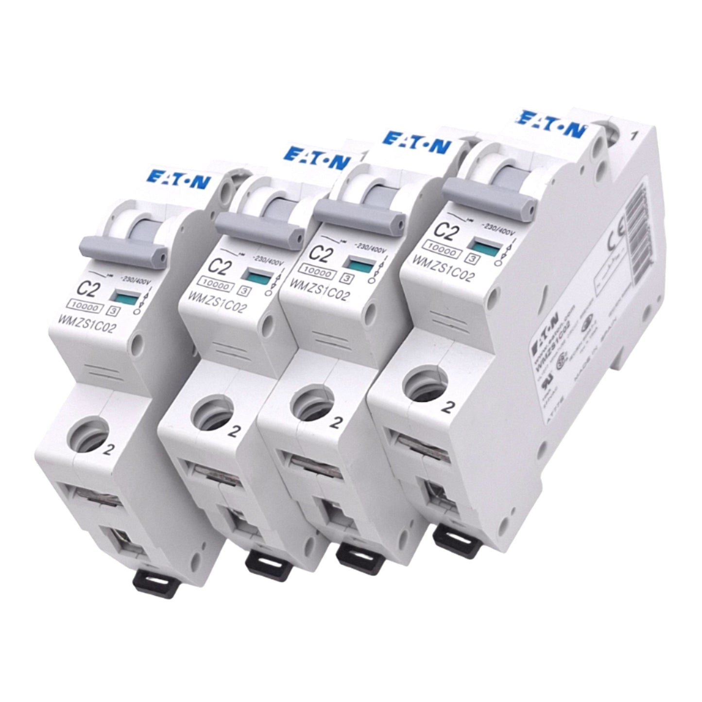 Used Lot of 4 Eaton WMZS1C02 Circuit Breakers, 1-Pole 2A, 230/400VAC Max, DIN Rail