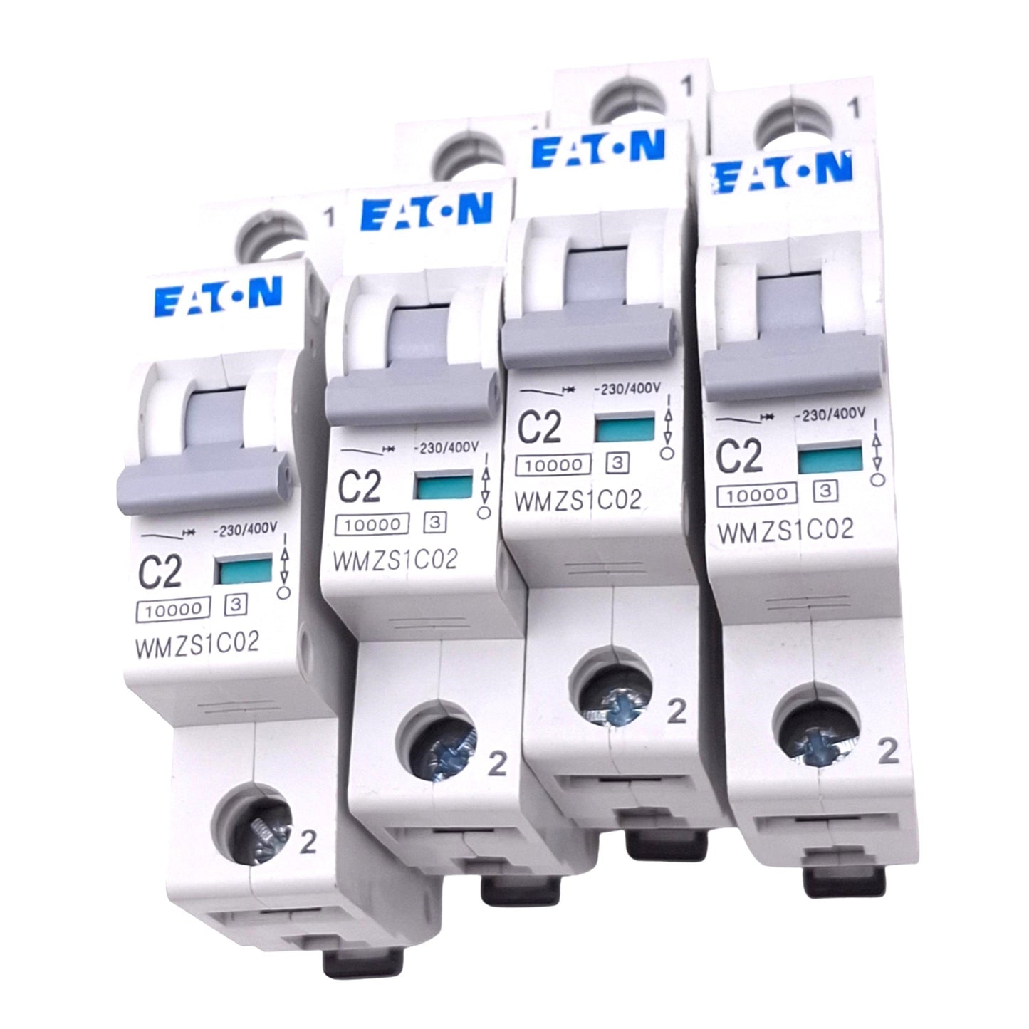 Used Lot of 4 Eaton WMZS1C02 Circuit Breakers, 1-Pole 2A, 230/400VAC Max, DIN Rail