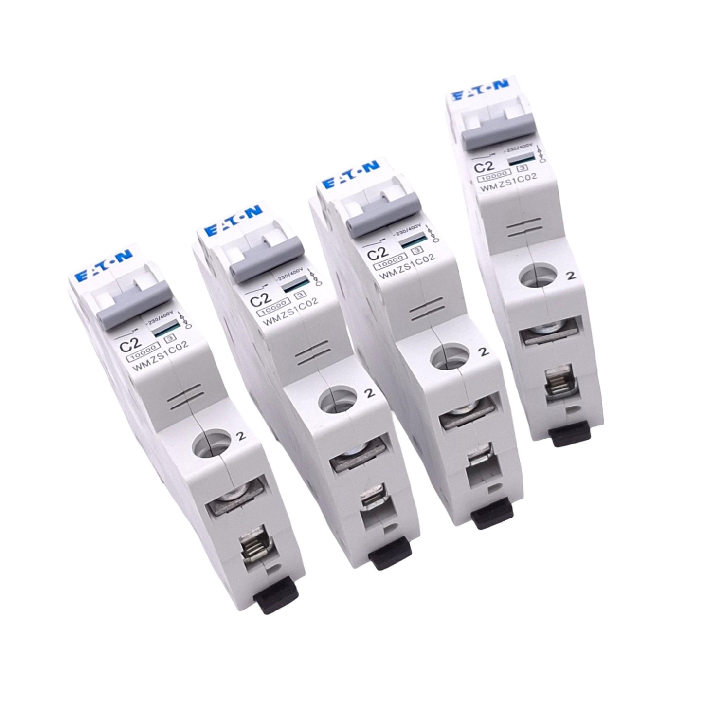 Used Lot of 4 Eaton WMZS1C02 Circuit Breakers, 1-Pole 2A, 230/400VAC Max, DIN Rail