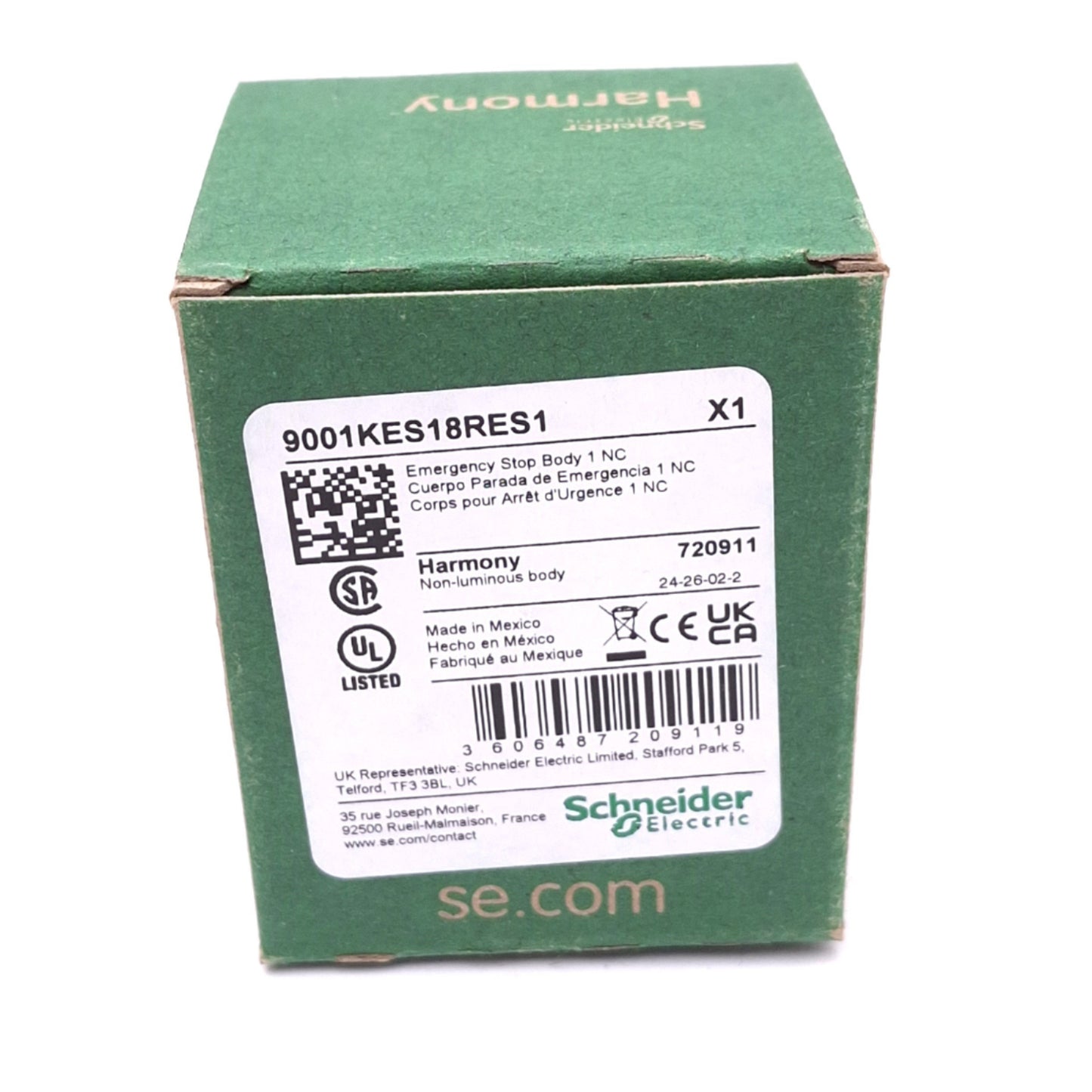 New Schneider Electric 9001KES18RES1, Harmony Body for 30mm E-Stop Switch, 1NC