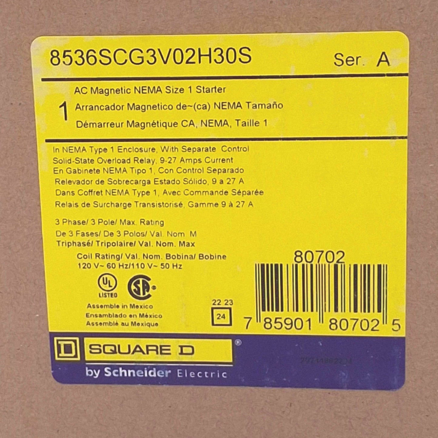 New Square D 8536SCG3V02H30S Motor Starter, 3-Pole 27A, 120VAC Coil NEMA 1 Enclosure