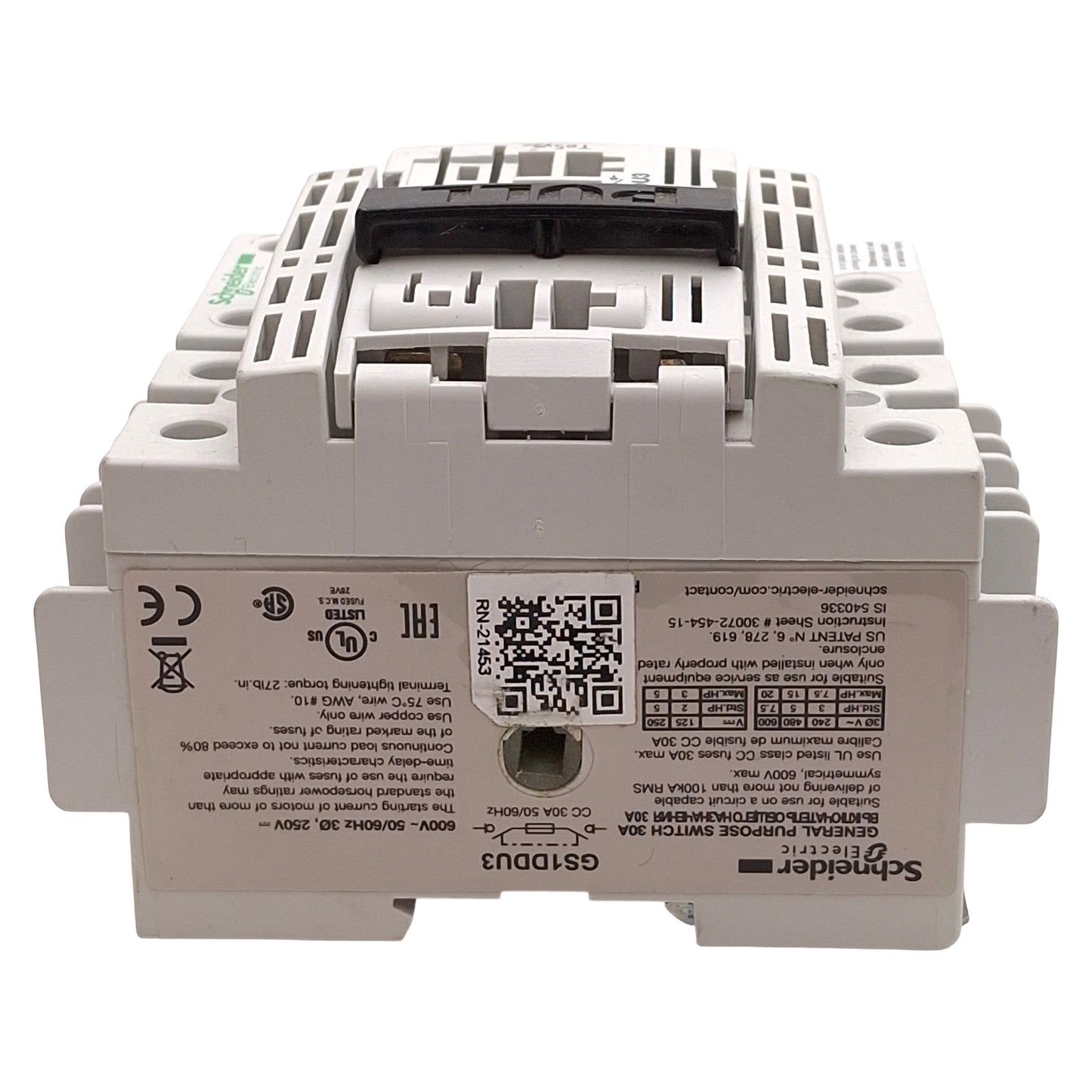 Used Schneider Electric GS1DDU3 Disconnect Switch, 3-Pole, 3Ø 600VAC 30A, DIN Rail
