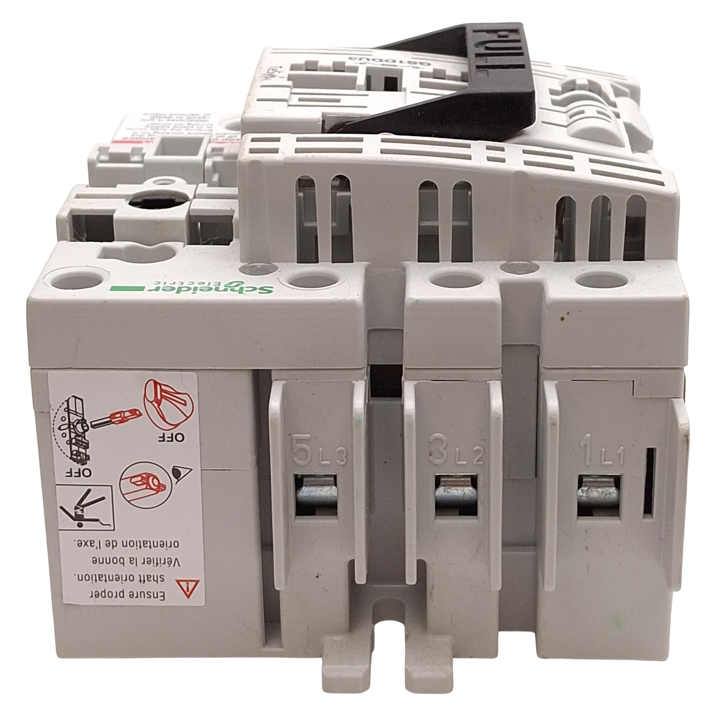 Used Schneider Electric GS1DDU3 Disconnect Switch, 3-Pole, 3Ø 600VAC 30A, DIN Rail