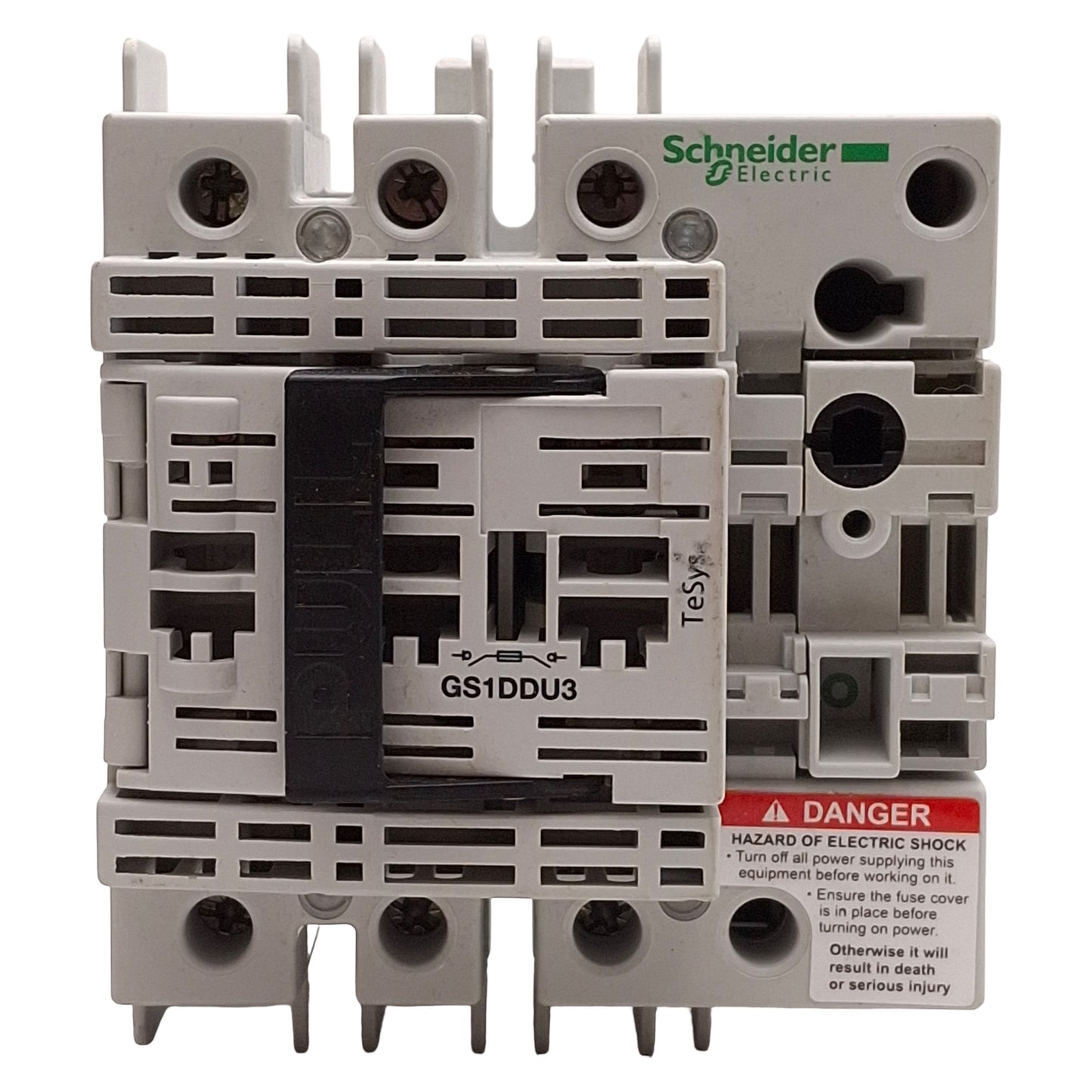 Used Schneider Electric GS1DDU3 Disconnect Switch, 3-Pole, 3Ø 600VAC 30A, DIN Rail