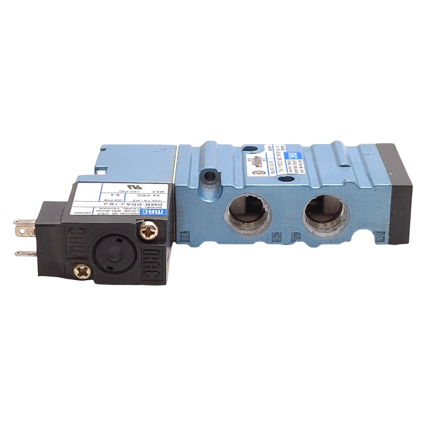 Used Mac 411A-B0A-DM-DDAJ-1KJ Solenoid Valve, 5/2-Way, 1/8in & 1/4in NPT, 24VDC Coil