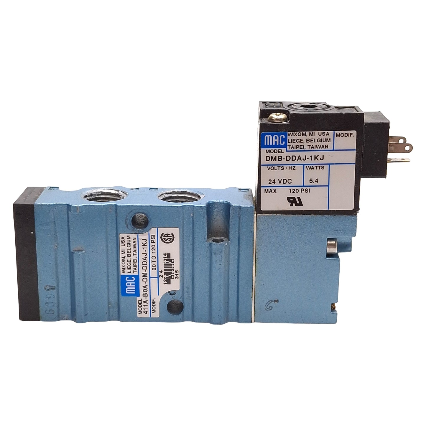 Used Mac 411A-B0A-DM-DDAJ-1KJ Solenoid Valve, 5/2-Way, 1/8in & 1/4in NPT, 24VDC Coil