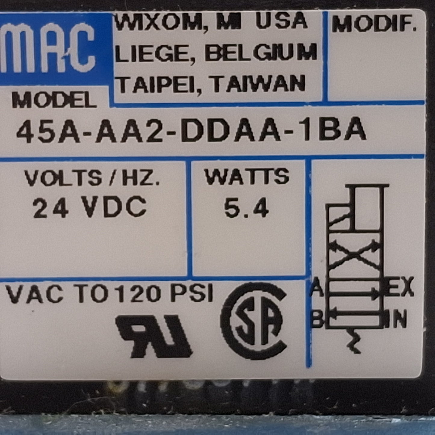 Used Mac 45A-AA2-DDAA-1BA Solenoid Valve, 4/2-Way, 120psi, 1/8in NPTF, 24VDC Coil